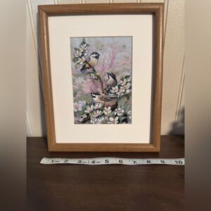 Framed Bird and Flower Cross-Stitch Art